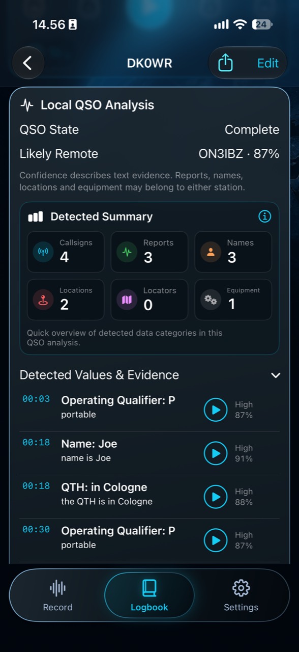 Local QSO Analysis showing a detected summary and timestamped evidence with playback buttons and confidence indicators.