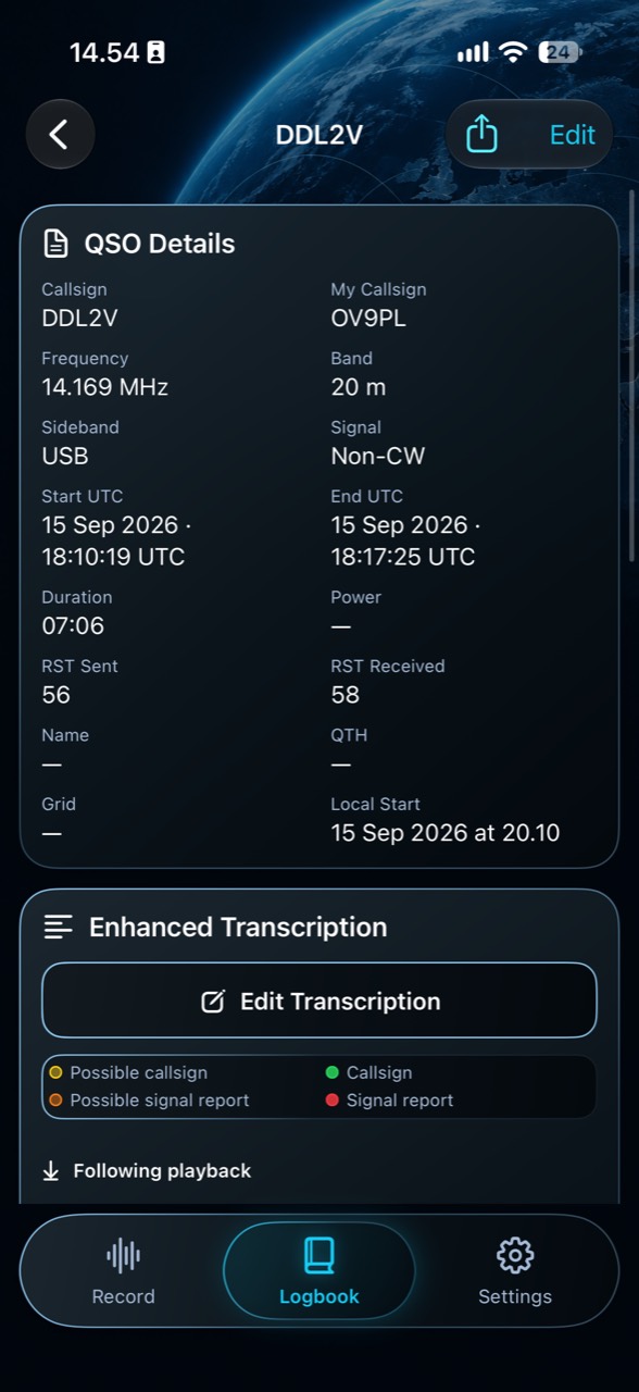 QSO Details for a saved contact, including callsigns, frequency, band, UTC times, duration and sent and received signal reports.