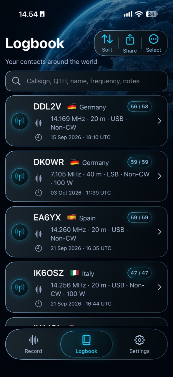Logbook with a search field, saved contact cards, callsigns, countries, frequencies, bands, signal reports, and sort and share controls.