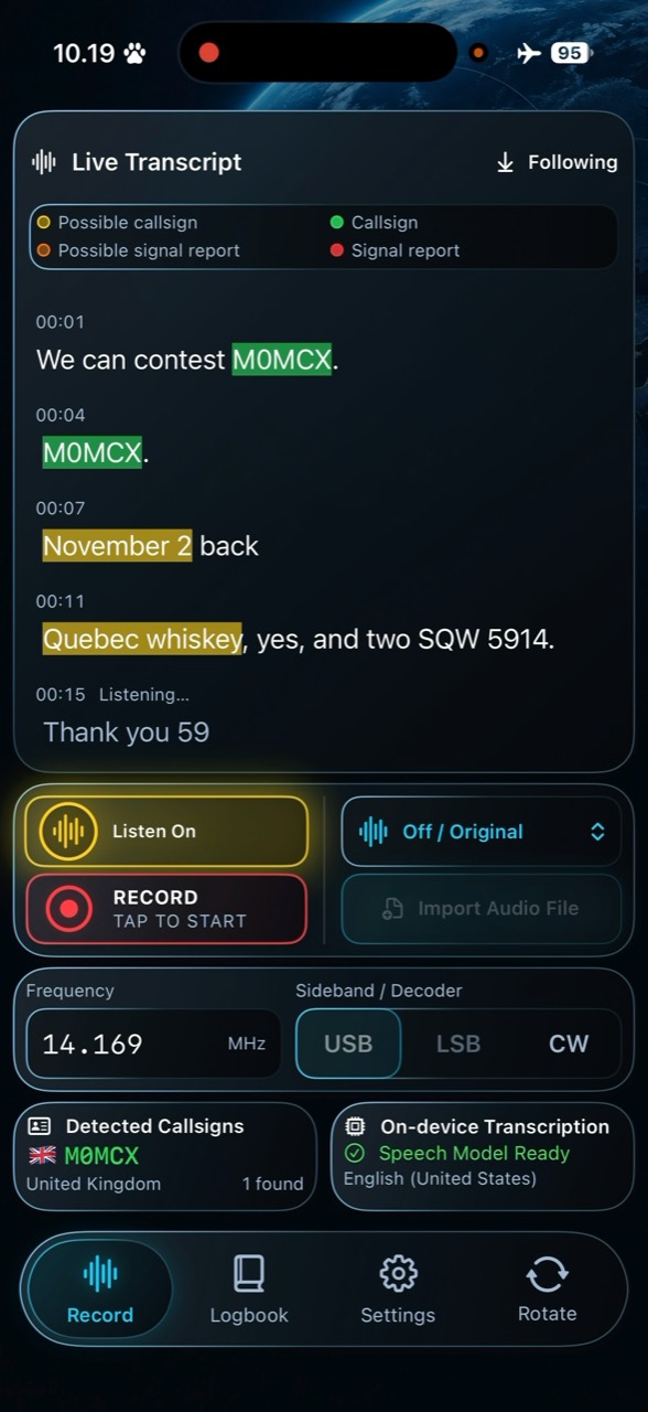Live Transcript with timestamped speech, highlighted callsigns, listening controls and on-device transcription status.